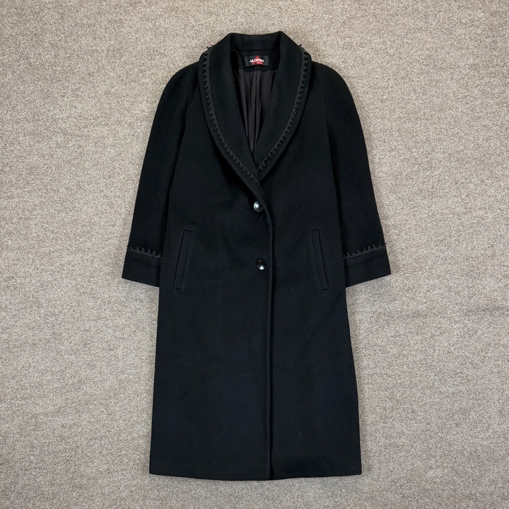 Vintage Alorna Black Long 100% Wool Coat Women’s L/XL Shawl Collar Ribbon Trim